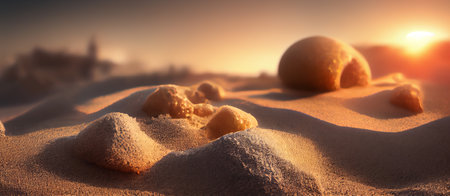 Close up view of beautiful sand dessert with sunset landscape for wallpaper or background. 3D renderingの素材