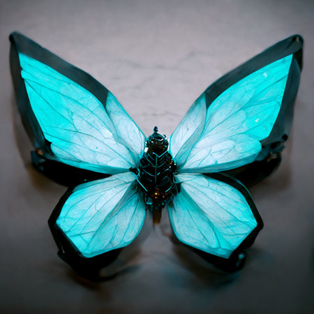 3D rendering. Cyborg cyan and black butterfly in futuristic style digital art concept illustrationの素材