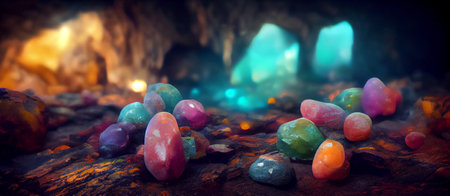 Colorful gemstones inside a magical cave. 3D realistic render background. 3D illustrationの素材