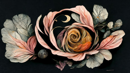 Luxury painted 3D flowers with isolated on black background. 3D illustrationの素材