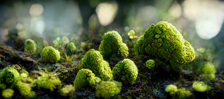 3D rendering. Moss lichen mushrooms on the jungle highly detailed illustrationの素材