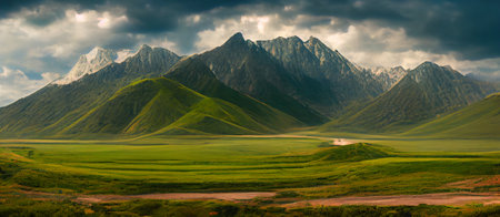 Beautiful mountain landscape with green scenery. 3D illustrationの素材