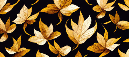 Autumn leaves pattern with exotic leaves on black background. 3D illustrationの素材