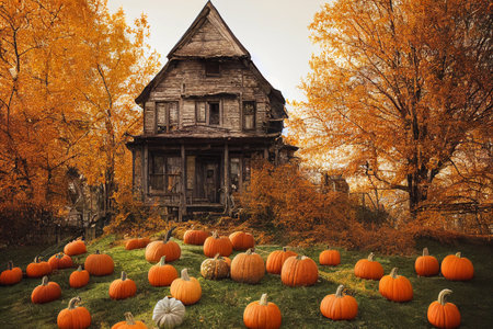 An old wood house with full of pumpkins on front. 3D illustrationの素材