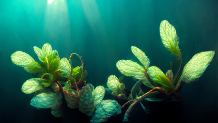 3D rendering. Beautiful green underwater plants with sunrays. CG artwork illustrationの素材