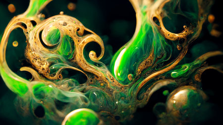 Baroque abstract green and gold brush stroke realistic ornate designの素材