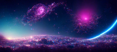 Violet, pink, blue and cyan universe. Nebula and stars in the galaxy landscape. 3D renderingの素材