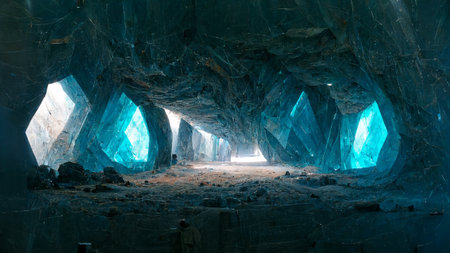 Futuristic sci-fi cave with cyan crystals lights CG artwork illustrationの素材