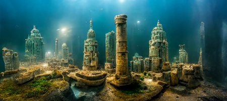 3D rendering. A cityscape of the lost city in the ocean. Fantasy background illustrationの素材