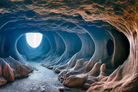 Beautiful view of cosmic cavern with lights from the outside. 3D renderingの素材