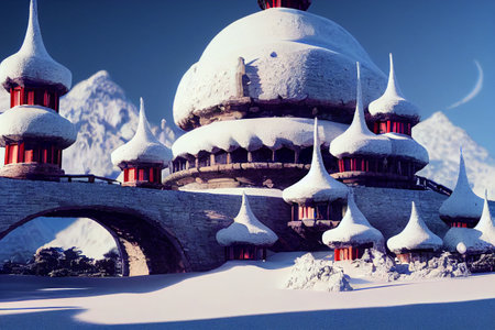 A huge fantasy castle covered by snow.の素材