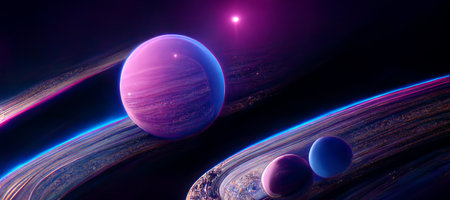 Violet and cyan universe. Nebula and stars in the galaxy backgroundの素材