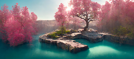 Pink maple trees surrounded by turquoise in watercolor style. 3D renderingの素材