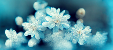 White flowers in winter snow with blurred bokeh background. 3D renderingの素材