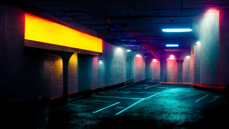3D rendering. Underground parking lot with colorful neon lights backgroundの素材