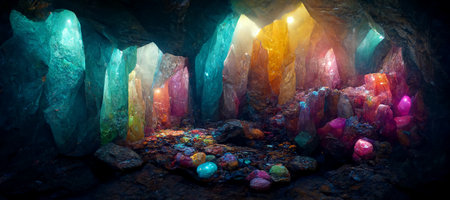 Colorful gemstones inside a magical cave. Realistic render background.の素材