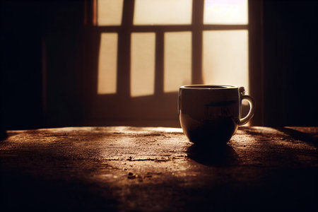 A coffee cups on the table with dark natural lights from the window. 3D illustrationの素材