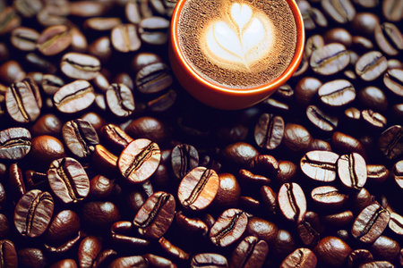 A cup of mocha latte on the top roasted coffee beans. 3D renderingの素材