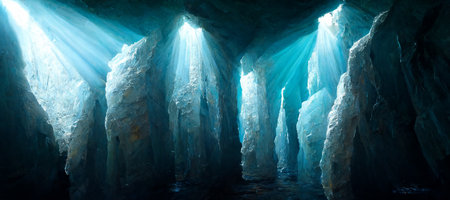 Futuristic sci-fi cave with cyan crystals lights CG artwork illustrationの素材