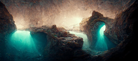 3D rendering. Exiting a cave Iridescent water cove. 3D artwork illustrationの素材