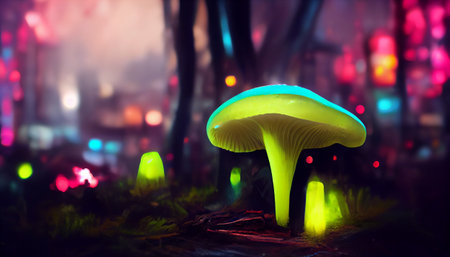 Fantasy forest with glowing mushroom house fairy tale. 3D illustrationの素材