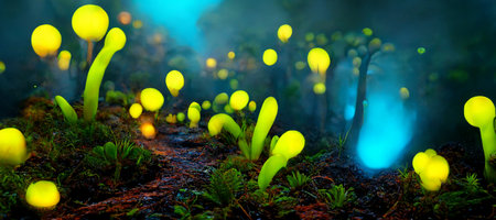 3D rendering of fantasy glowing plants in forest with lights in the backgroundの素材