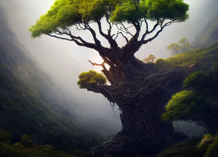 Fantasy giant tree on top of a hill with foggy forest in painting style. 3D illustrationの素材
