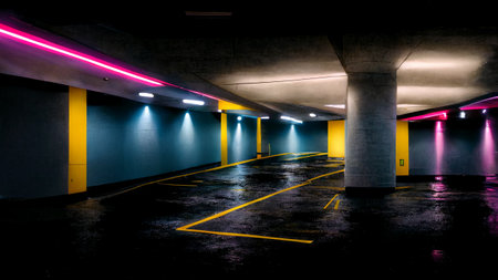 Underground parking lot with colorful neon lights backgroundの素材