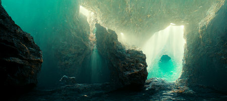 3D rendering. Exiting a cave Iridescent water cove. 3D artwork illustrationの素材