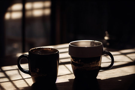 Two coffee cups on the table with dark natural lights. 3D illustrationの素材