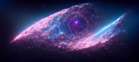 Violet, pink, blue and cyan universe. Nebula and stars in the galaxy landscape. 3D renderingの素材