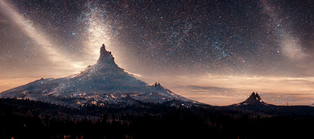 A fantasy mountain landscape with stars on the sky.の素材