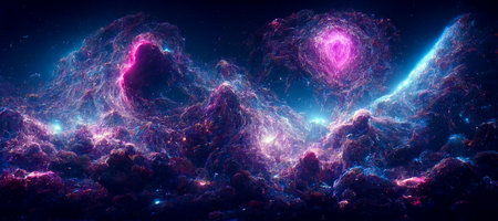 Violet, pink, blue and cyan universe. Nebula and stars in the galaxy landscape Illustrationの素材