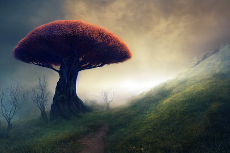 beautiful fantasy giant tree on top of a hill detailed, dramatic view, digital art painting.の素材