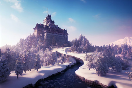 A big fantasy castle covered by snow in the mountain with riverの素材