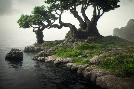 Fantasy trees on the beach with foggy forestの素材