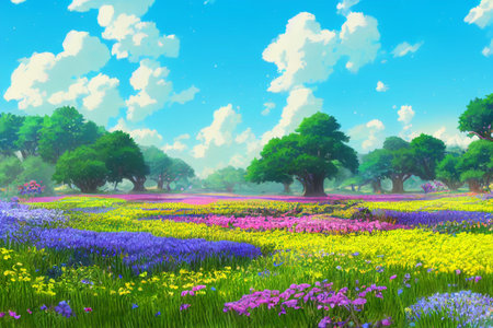 Beautiful fantasy landscape field full of spring with flowers field, beautiful sky, anime style color, digital art painting background.の素材