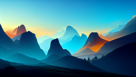 Fantasy landscape with mountain while sunset, digital art painting backgroundの素材