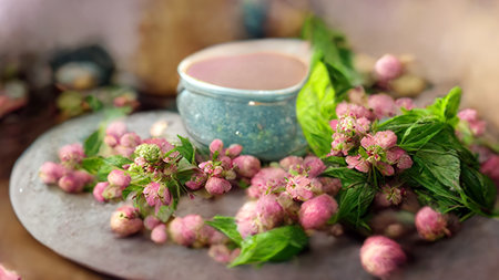 Close-up pink cherry blossoms on the table high detailed with blurred bokeh backgroundの素材