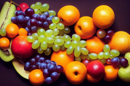Different kinds of fruits isolated on purple backgroundの素材