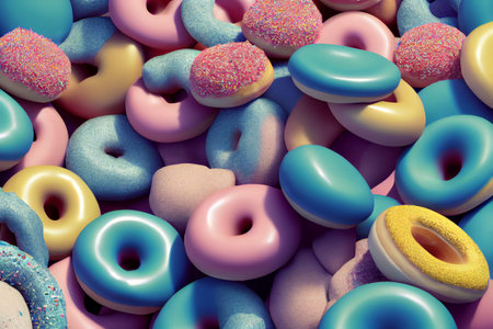 Frosted sprinkled donuts. Multicolored with sprinkles background.の素材