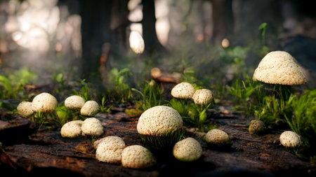 Ultra detailed 3D mushrooms in the jungle with dreamy background illustrationの素材