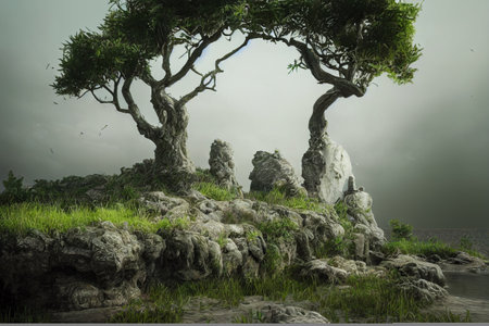 Fantasy trees growing on the stones with foggy forestの素材