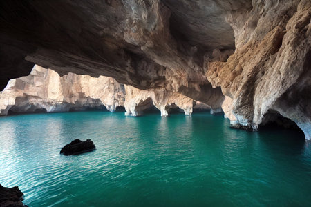 Beautiful view of a cave with exotic rocks walls and clean waterの素材