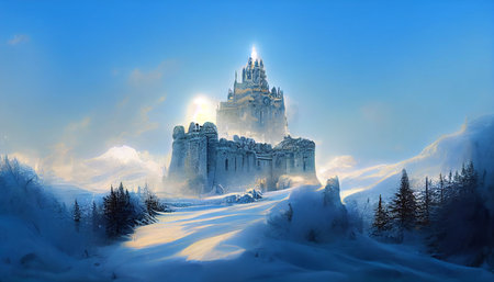 A huge fantasy castle covered by snow in the mountainの素材