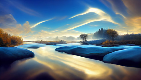 3D Illustration. Beautiful landscape with watercolor digital painting, blue sky, mountain and river backgroundの素材