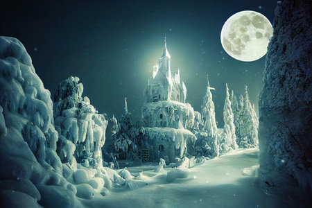 A big fantasy castle covered by snow in the mountain with full moon.の素材
