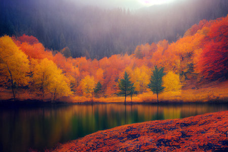Autumn peaceful forest with mountain and lake, digital art painting style backgroundの素材