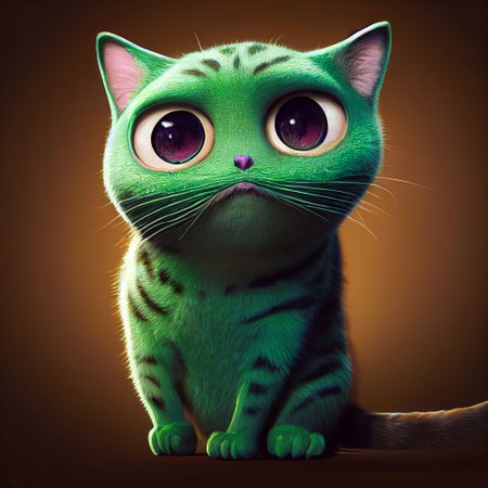 Super cute green anthropomorphic cat standing in front of brown wall. CG artwork concept. 3D renderingの素材