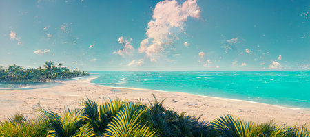 A sandy beach on an island with mountains, coconut trees and dramatic sky in watercolor style. 3D renderingの素材